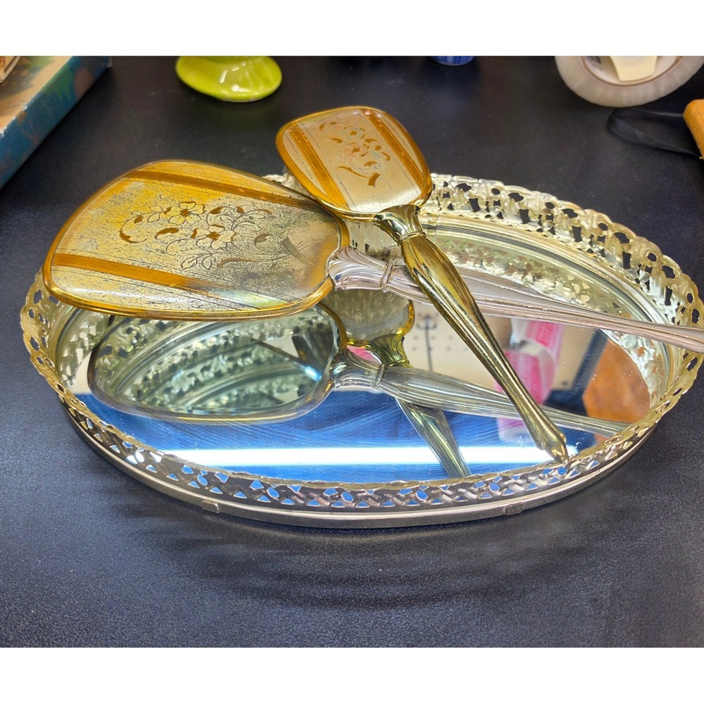 Vintage Gold Filigree Mirrored Vanity Tray Set with Hand Mirror and Brush 3pc
